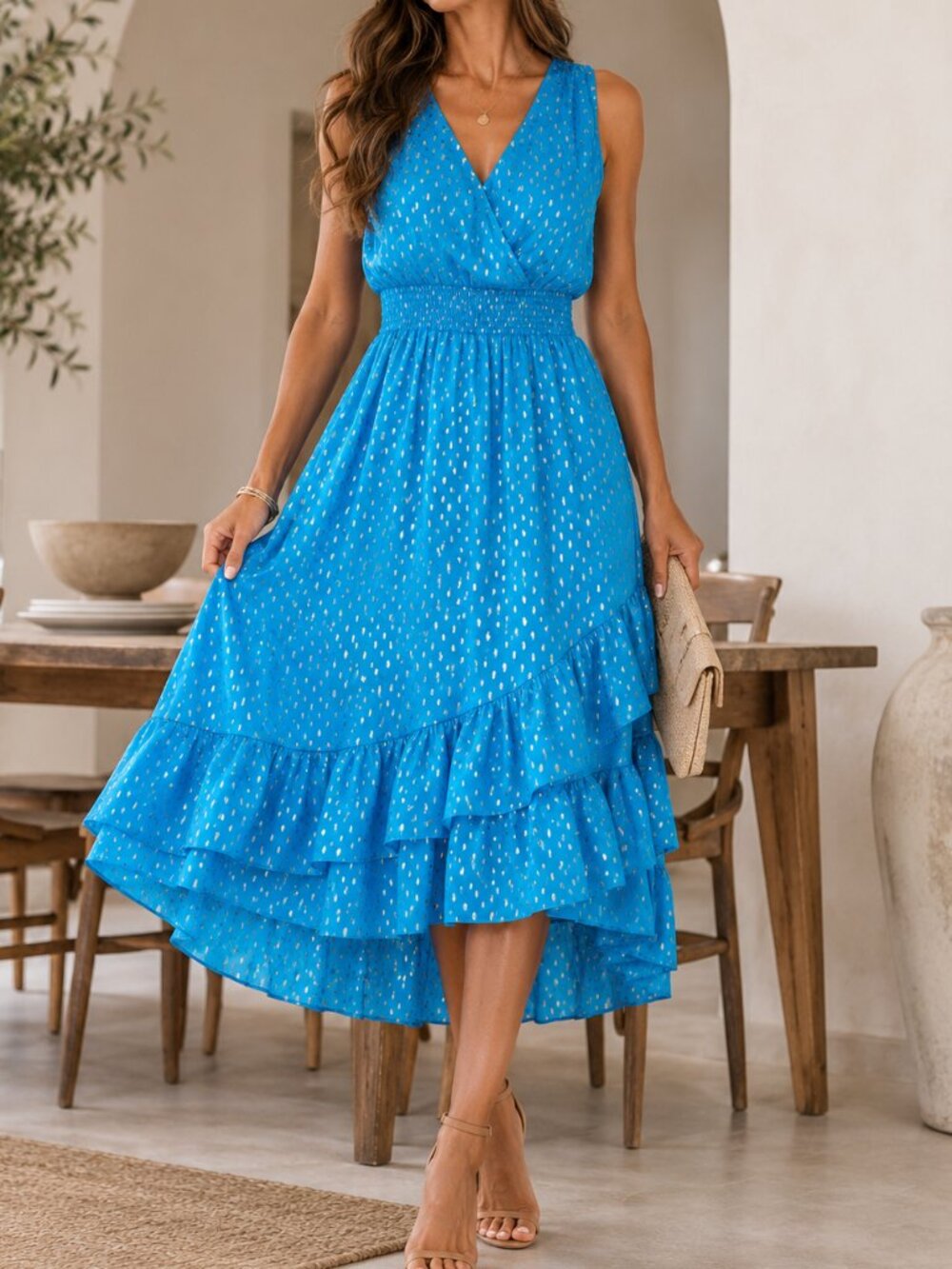 Lilly Pulitzer Valeri Midi Dress Blue Metallic Clip Dot Ruffle Size 10 $258